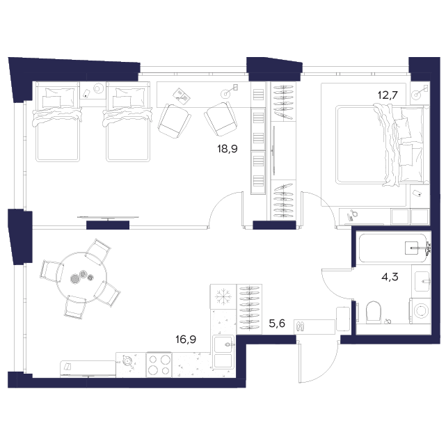 Планировка 2-комнатной квартиры евро-формата 58,4 м²